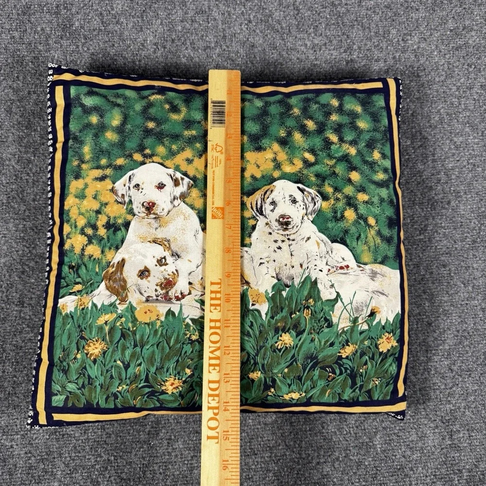 Vintage Dog Cushion Pillow Country Rustic Puppy Garden Scene Yellow Border Craft